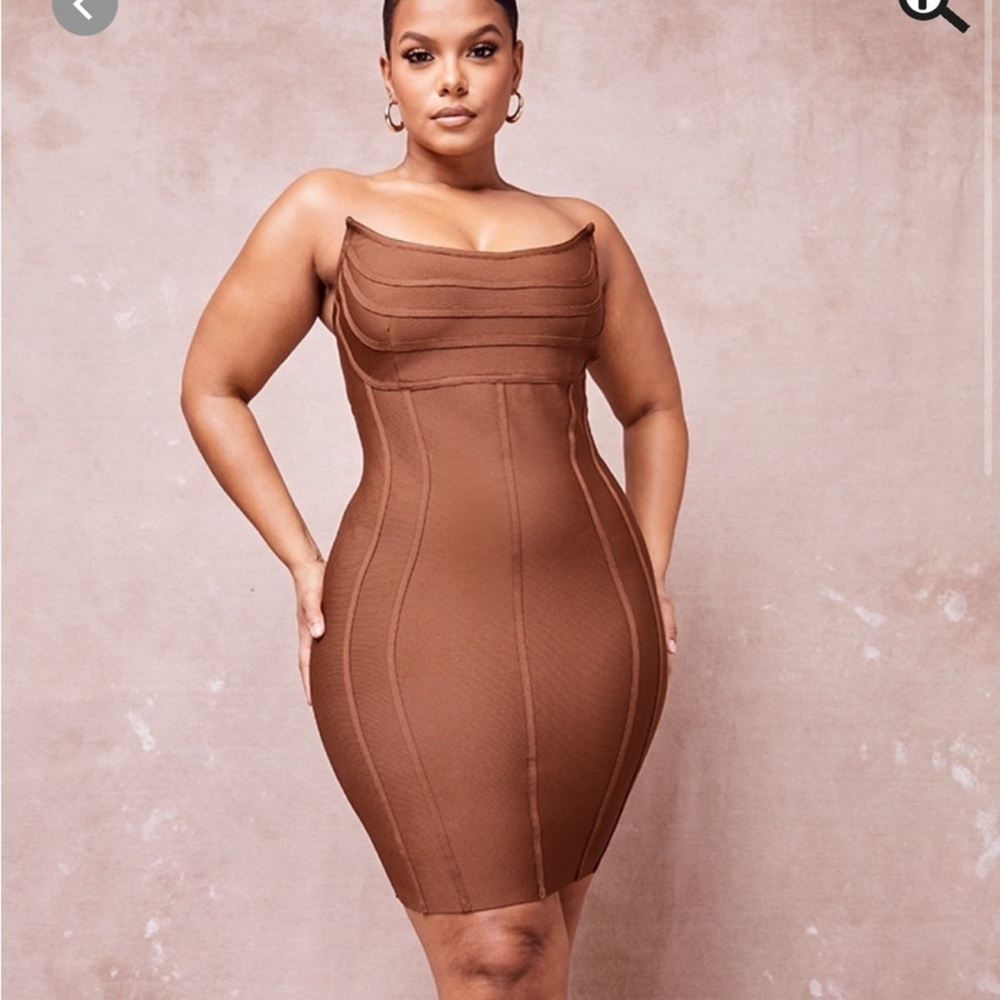 Plus Chocolate Brown Bandage Pointed Bandeau Panelled Bodycon Dress